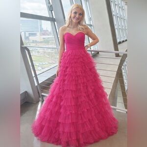 La Femme Vibrant Pink Ruffled Prom Dress